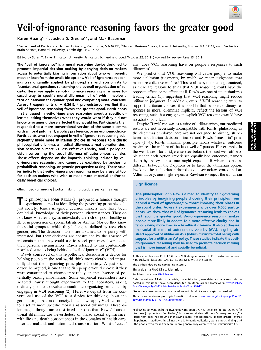 Veil-Of-Ignorance Reasoning Favors the Greater Good