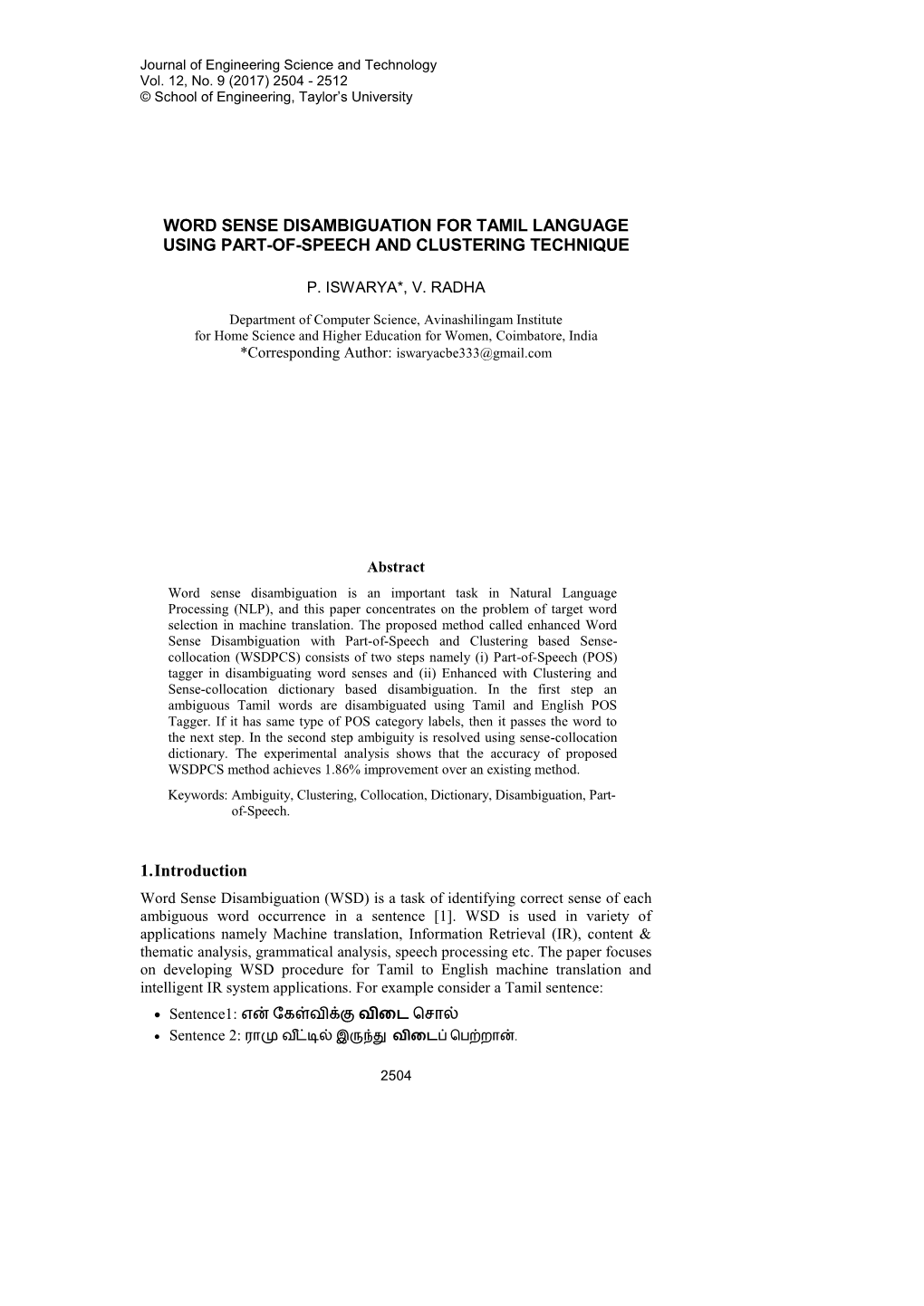 Word Sense Disambiguation for Tamil Language Using Part-Of-Speech and Clustering Technique