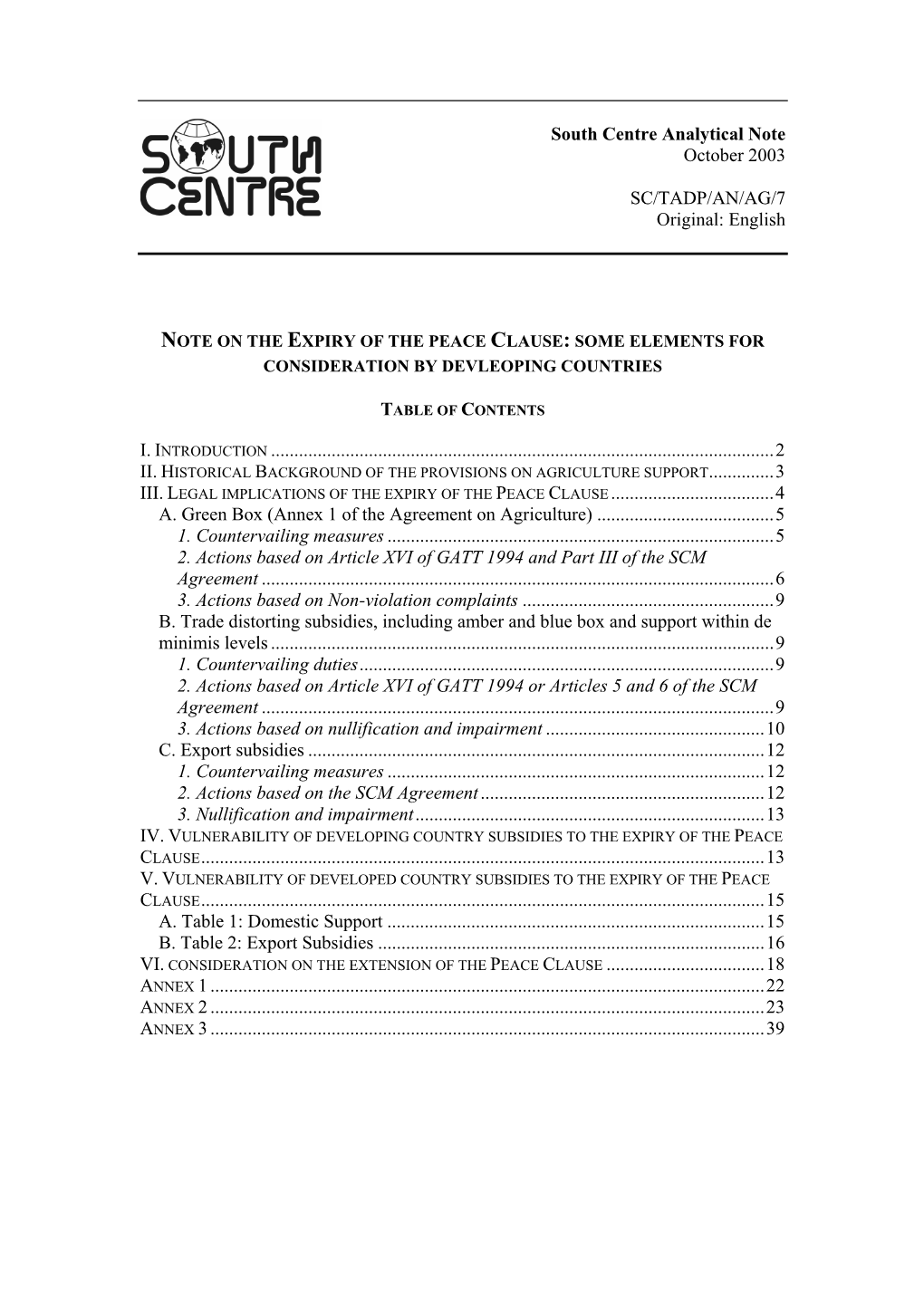 South Centre Analytical Note October 2003 SC/TADP/AN/AG/7 Original