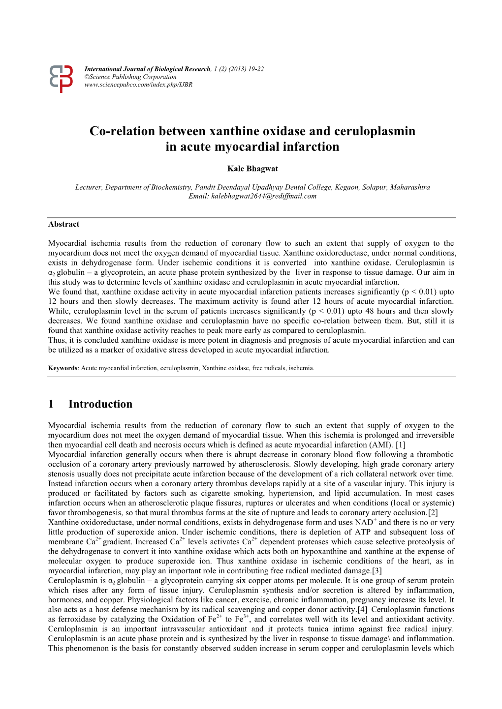 Co-Relation Between Xanthine Oxidase and Ceruloplasmin in Acute Myocardial Infarction