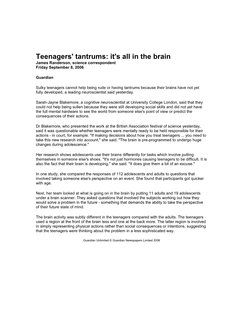 Teenagers' Tantrums: It's All in the Brain