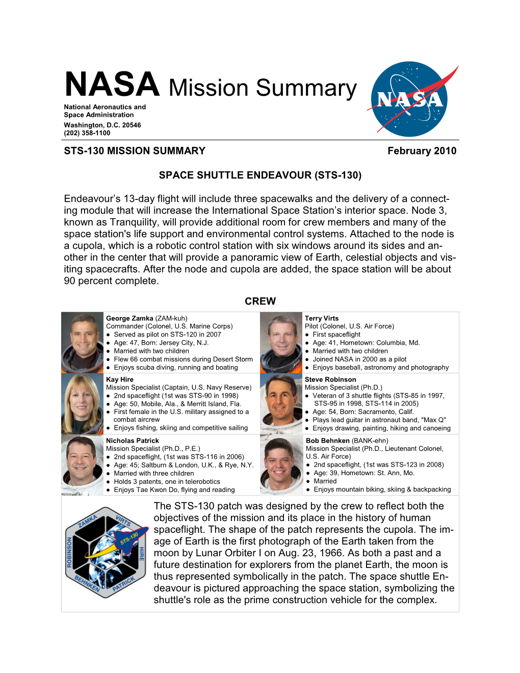 STS-130 MISSION SUMMARY February 2010