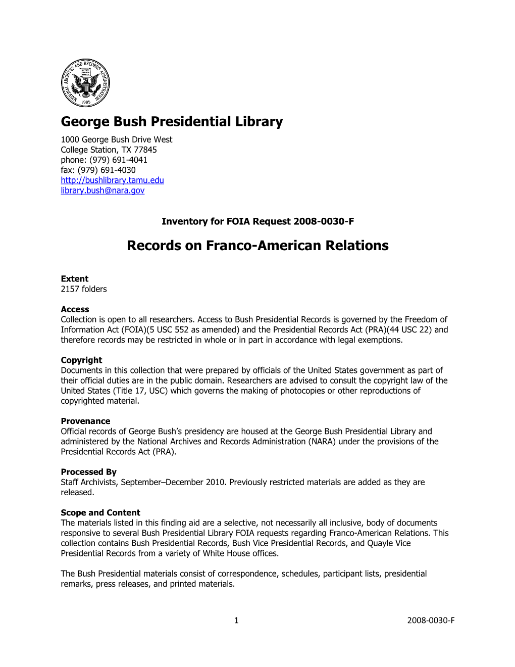 George Bush Presidential Library Records on Franco-American