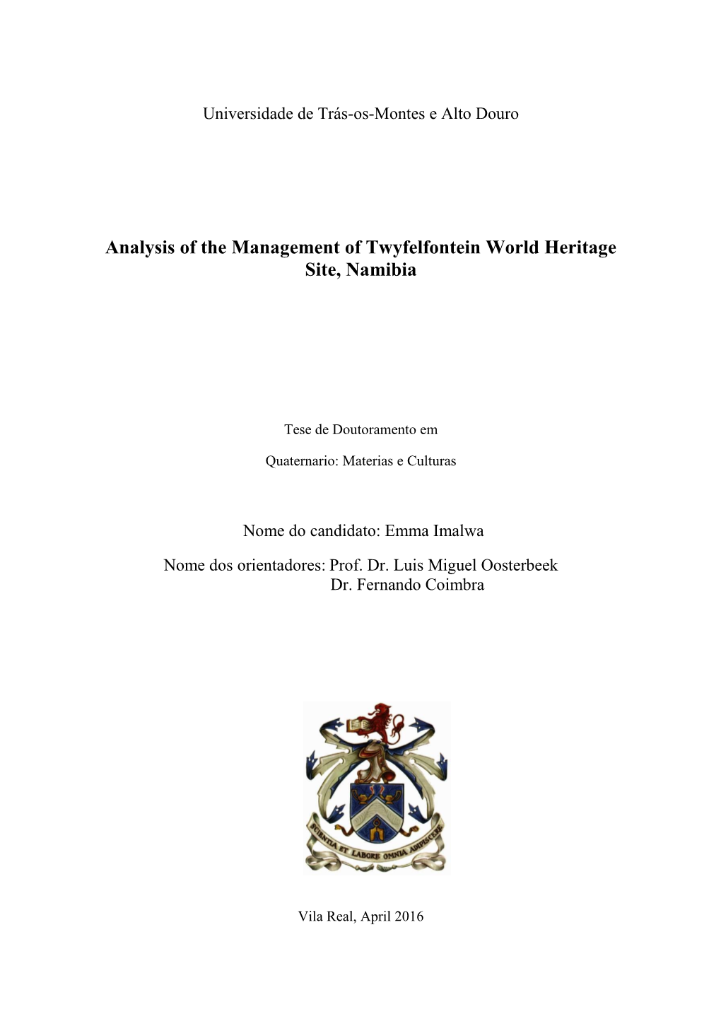 Analysis of the Management of Twyfelfontein World Heritage Site, Namibia