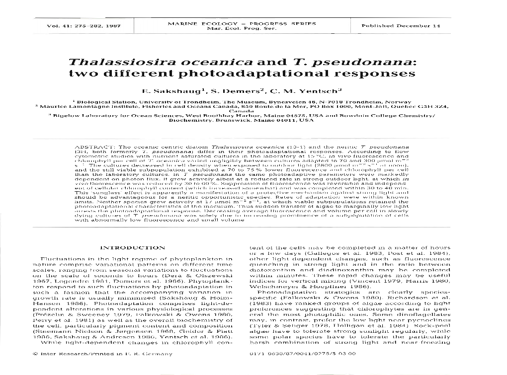 Thalassiosira Oceanica and T. Pseudonana: Two Different Photoadaptational Responses