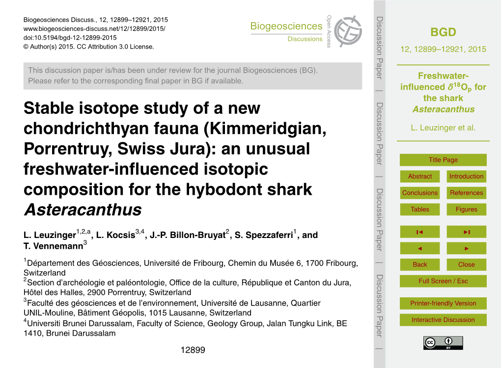 Freshwater-Influenced 18Op for the Shark Asteracanthus