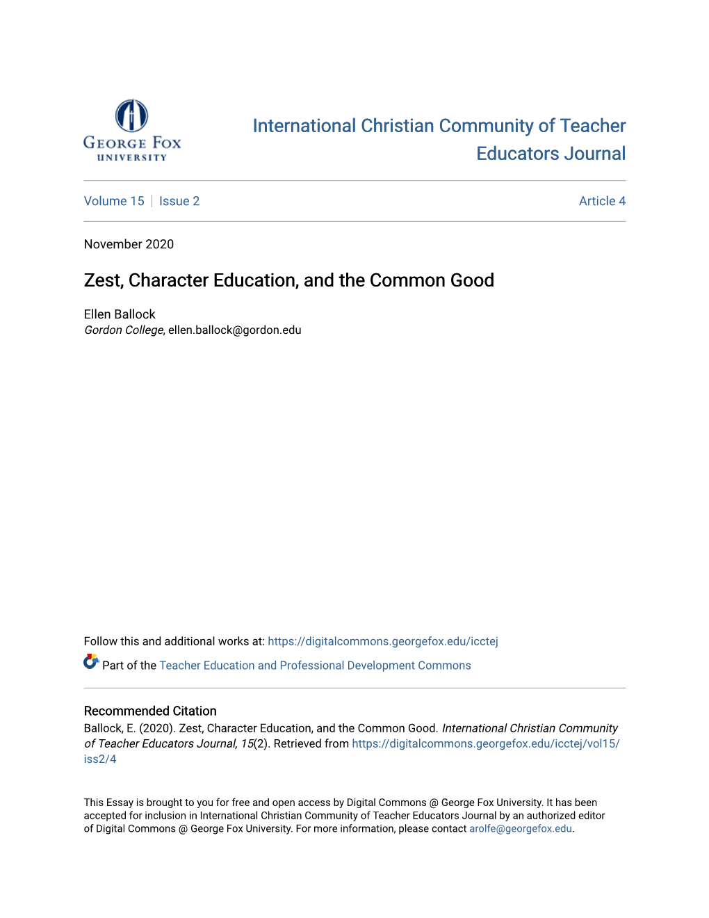 Zest, Character Education, and the Common Good