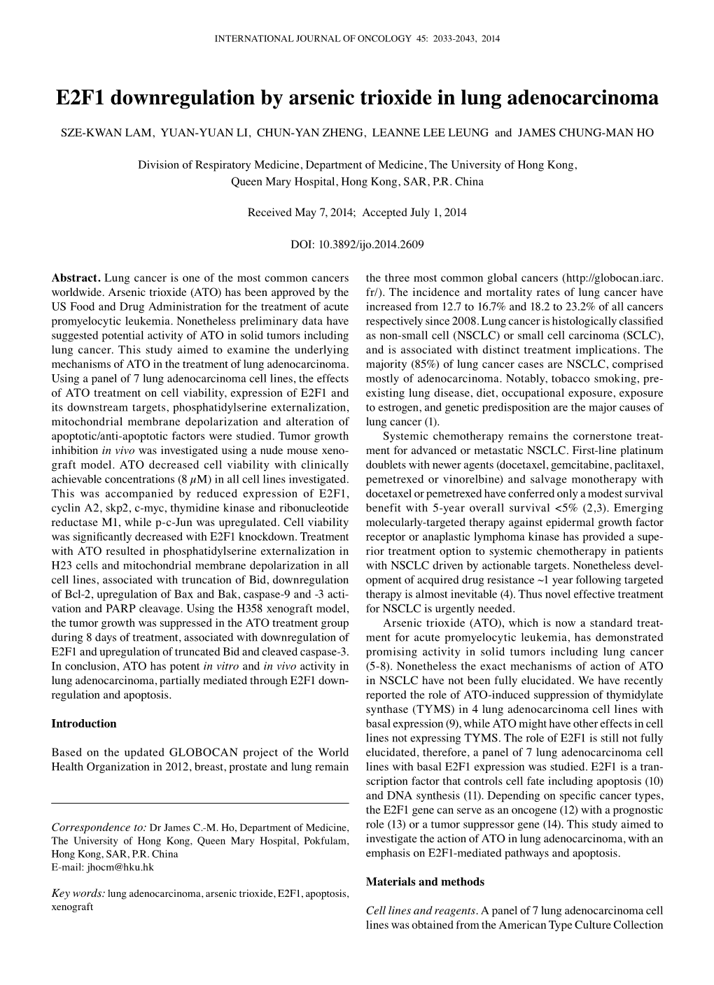 E2F1 Downregulation by Arsenic Trioxide in Lung Adenocarcinoma