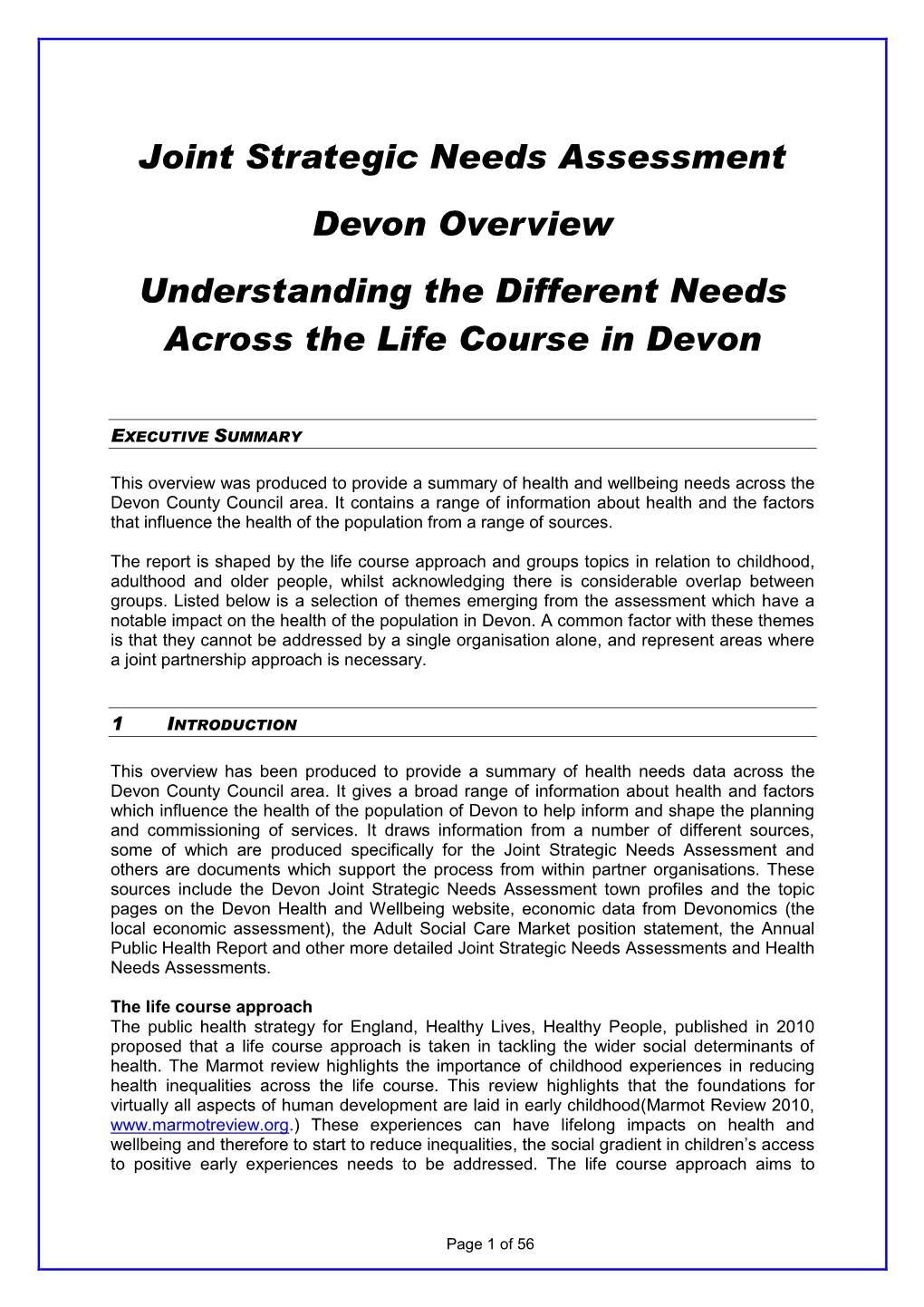 Joint Strategic Needs Assessment Devon Overview 2012