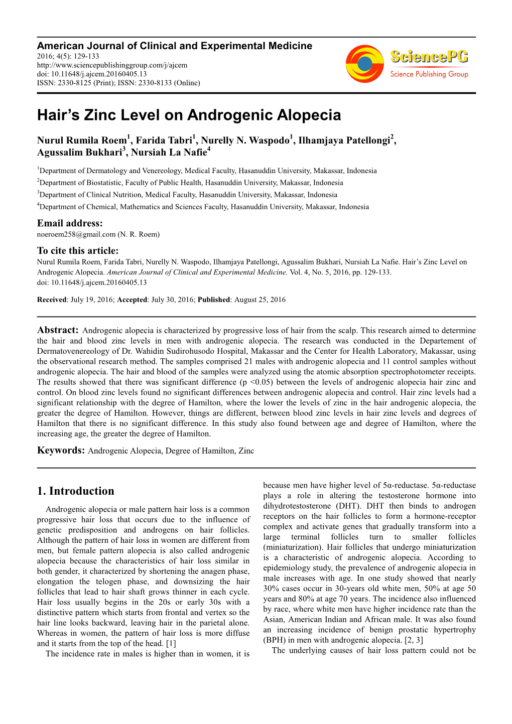 Hair's Zinc Level on Androgenic Alopecia