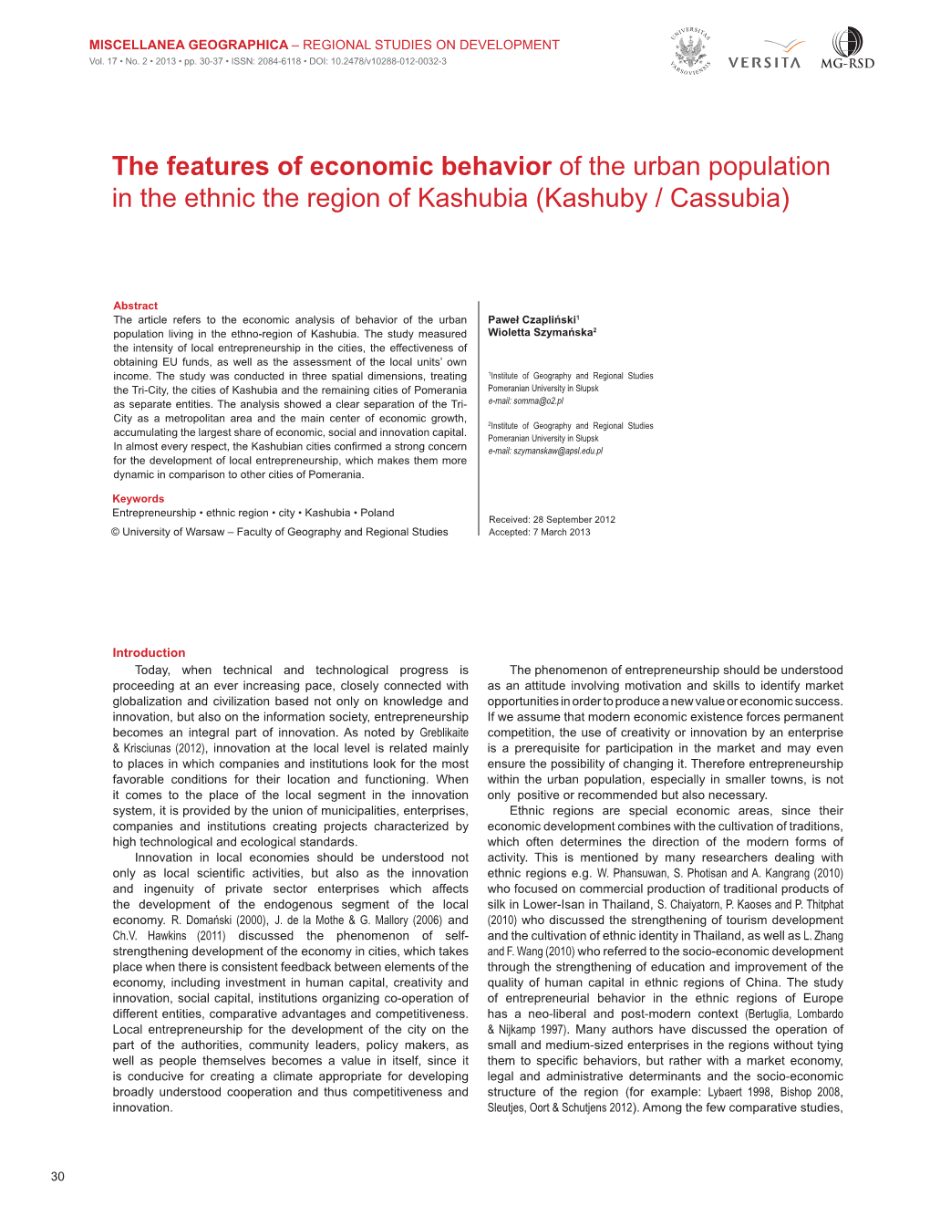 The Features of Economic Behavior of the Urban Population in the Ethnic the Region of Kashubia (Kashuby / Cassubia)