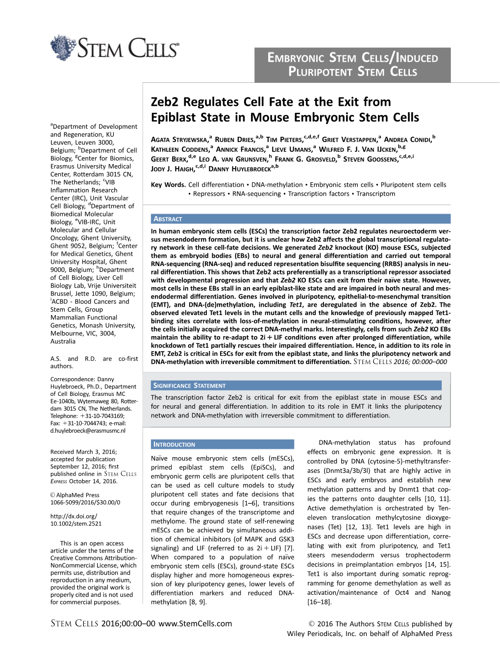 Zeb2 Regulates Cell Fate at the Exit from Epiblast State in Mouse