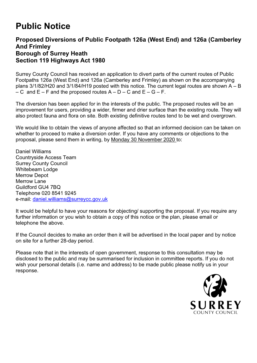 And 126A (Camberley and Frimley) As Shown on the Accompanying Plans 3/1/82/H20 and 3/1/84/H19 Posted with This Notice