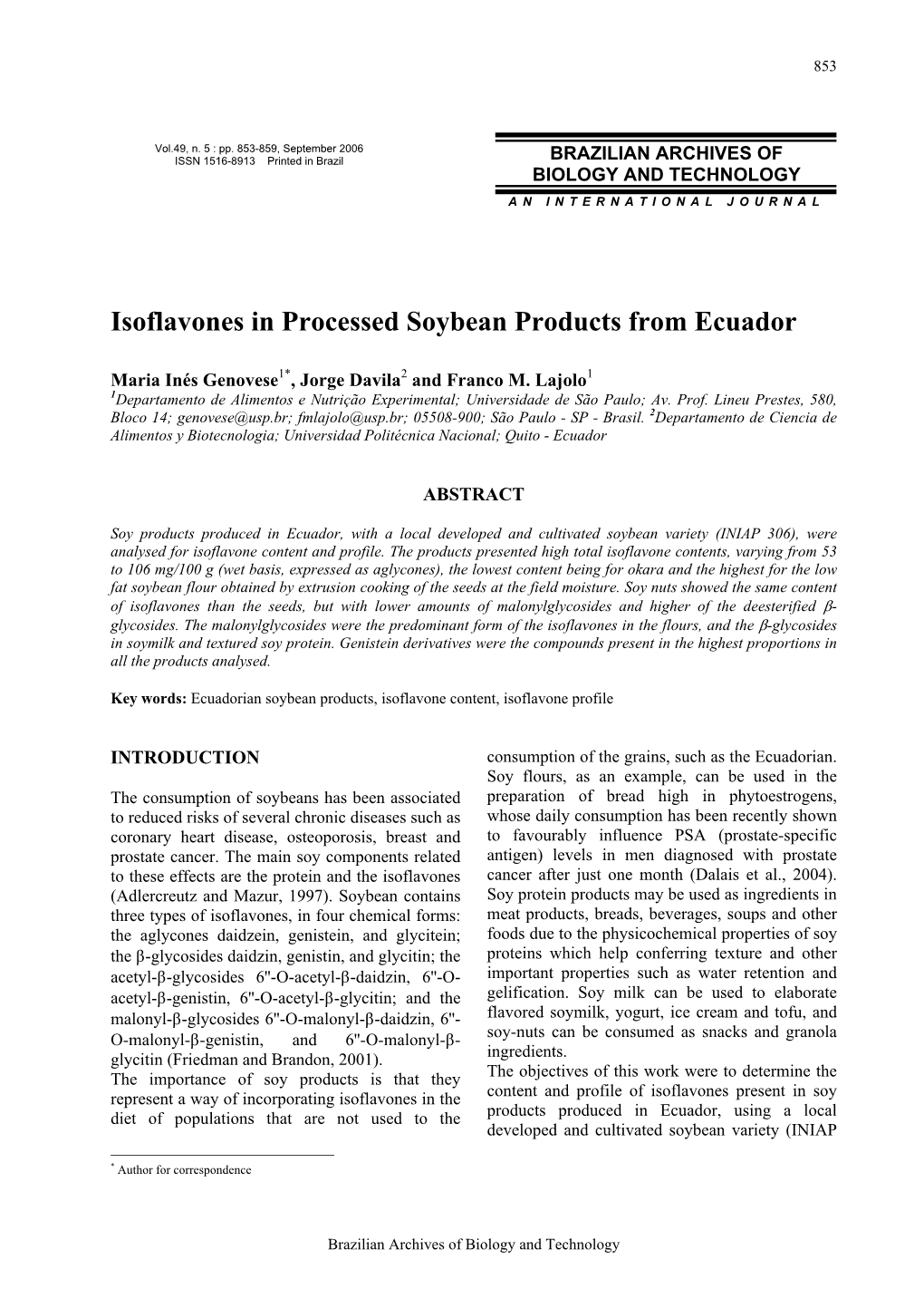 Isoflavones in Processed Soybean Products from Ecuador