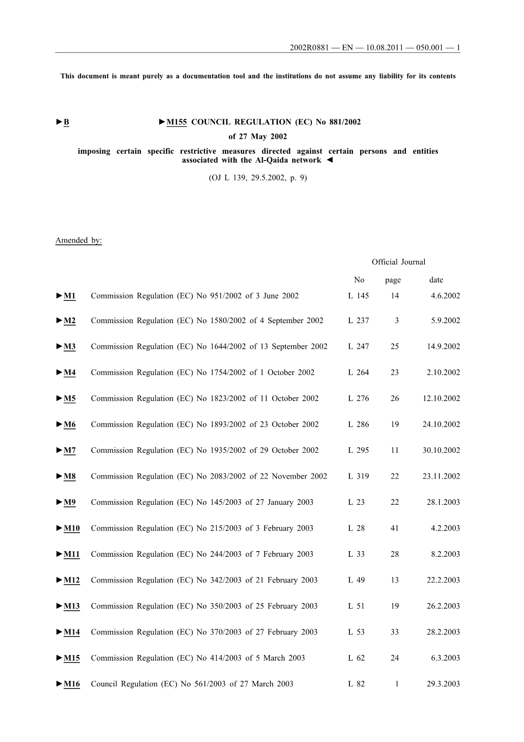 B M155 COUNCIL REGULATION (EC) No 881/2002 of 27 May 2002 Imposing Certain Specific Restrictive Measures Directed Against