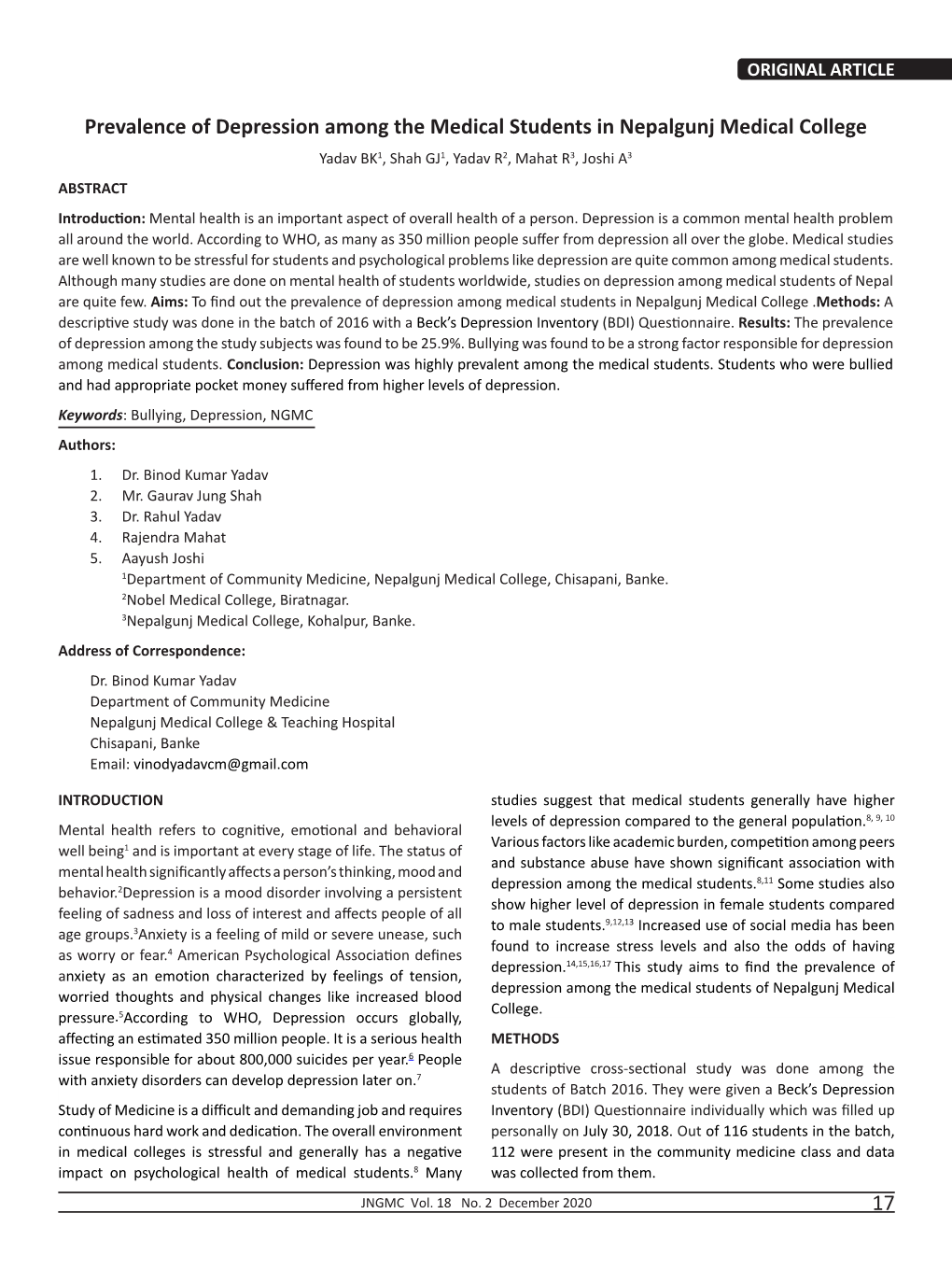 17 Prevalence of Depression Among the Medical Students in Nepalgunj