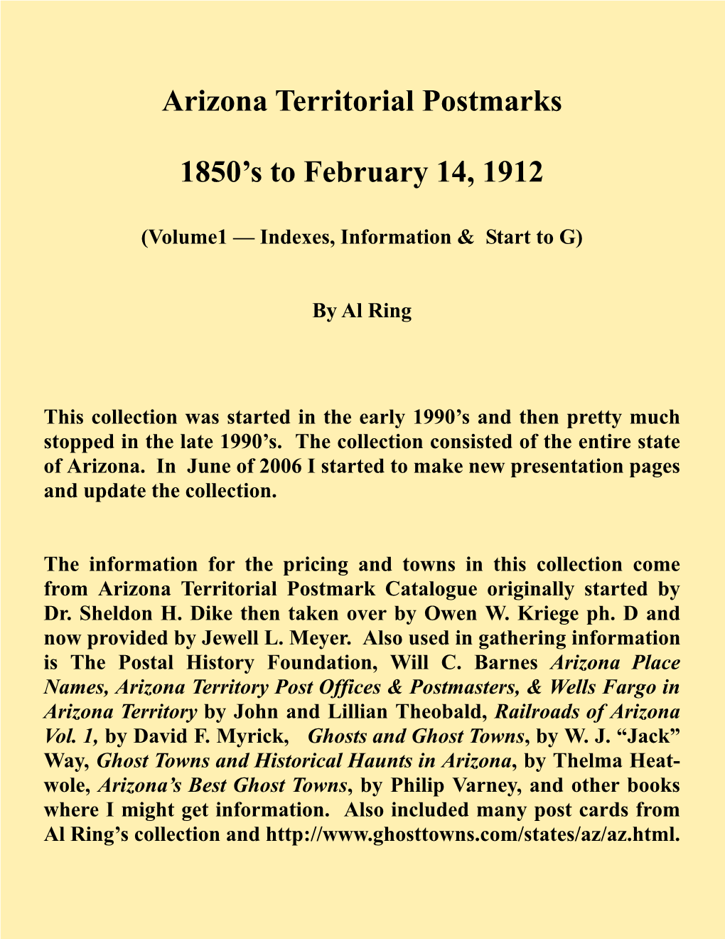 Arizona Territorial Postmarks 1850'S to February 14, 1912