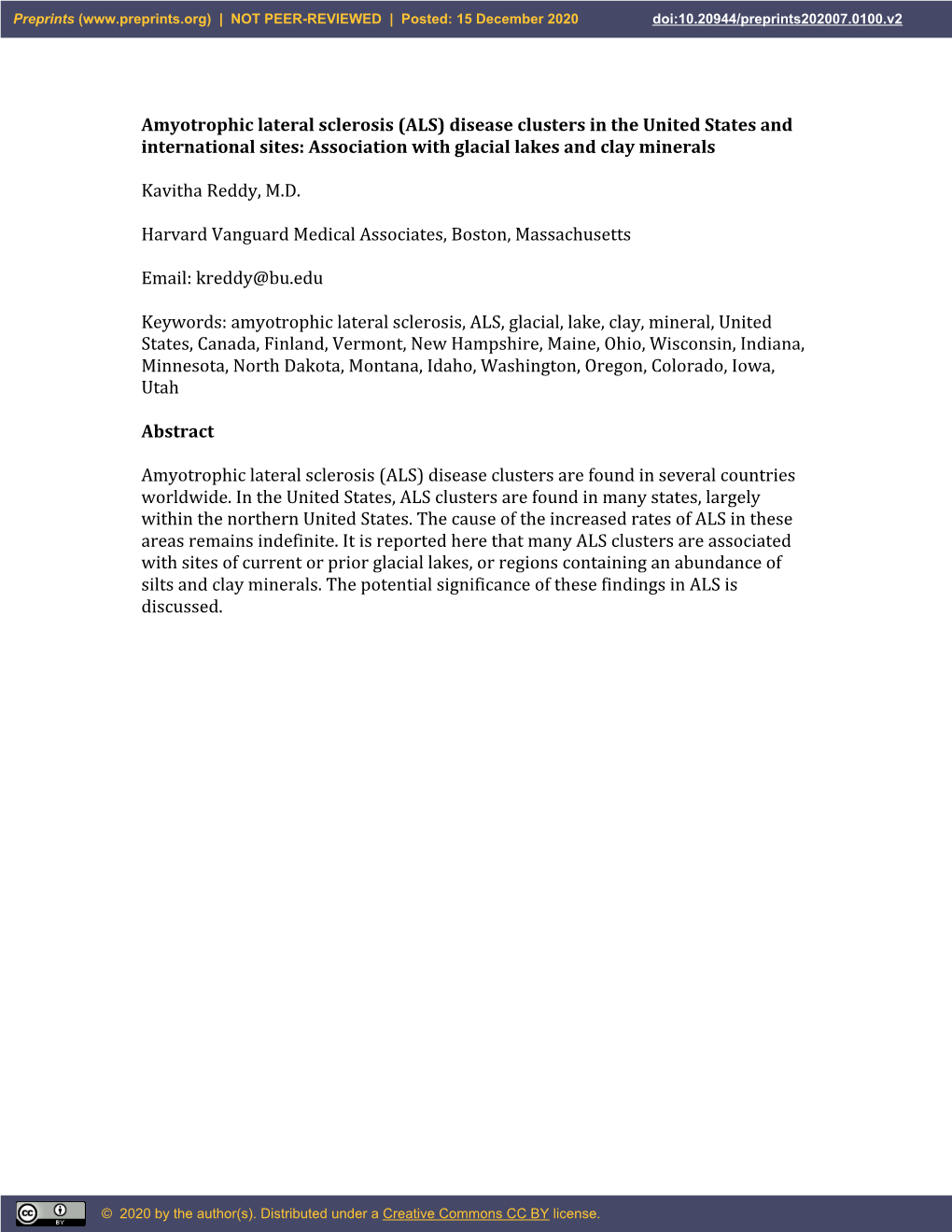 Amyotrophic Lateral Sclerosis (ALS) Disease Clusters in the United States and International Sites: Association with Glacial Lakes and Clay Minerals