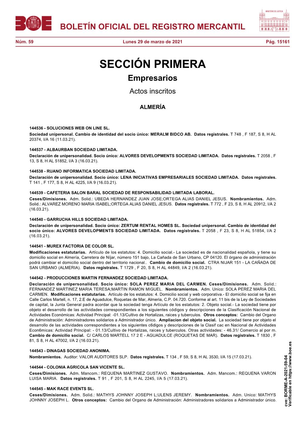 Actos De ALMERÍA Del BORME Núm. 59 De 2021