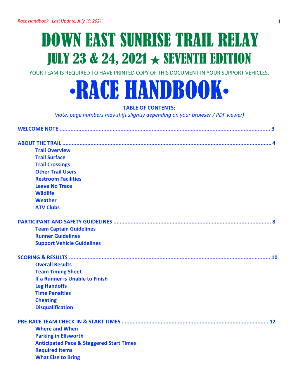 •RACE HANDBOOK• TABLE of CONTENTS: (Note, Page Numbers May Shift Slightly Depending on Your Browser / PDF Viewer)