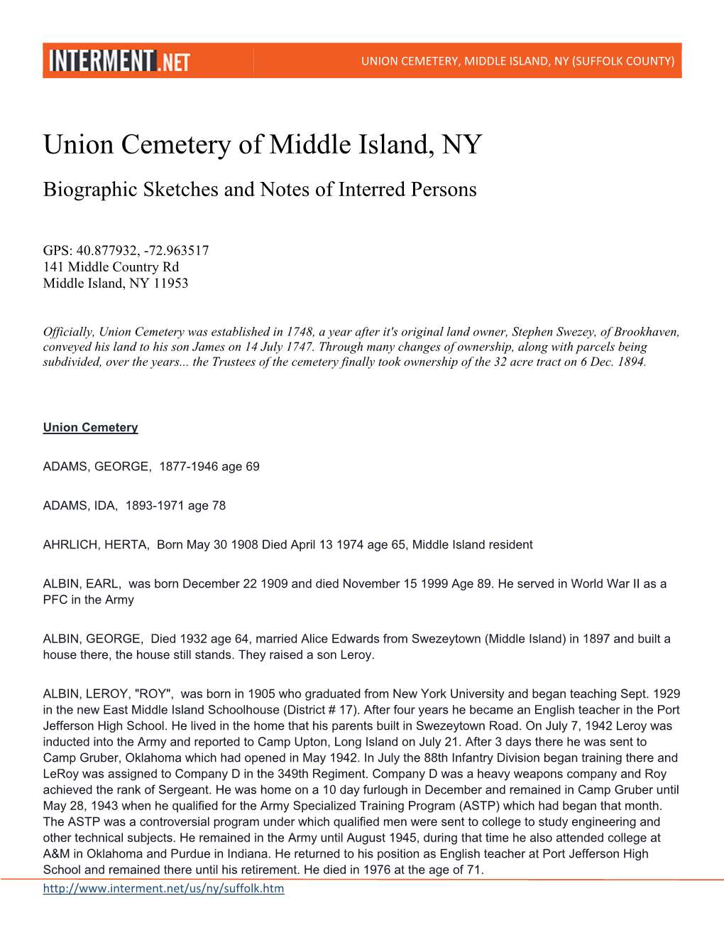 Union Cemetery, Middle Island, Ny (Suffolk County)