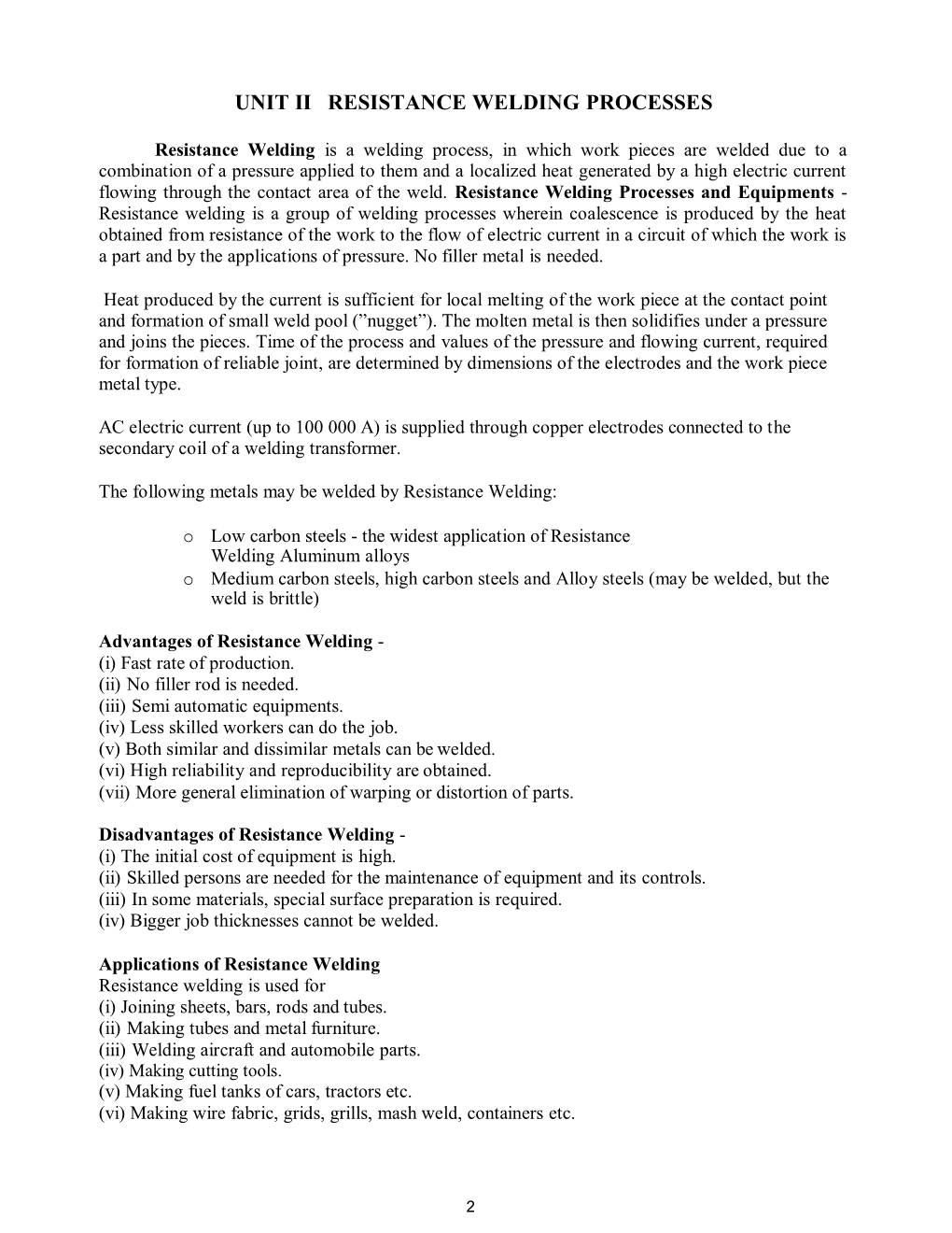 Unit Ii Resistance Welding Processes