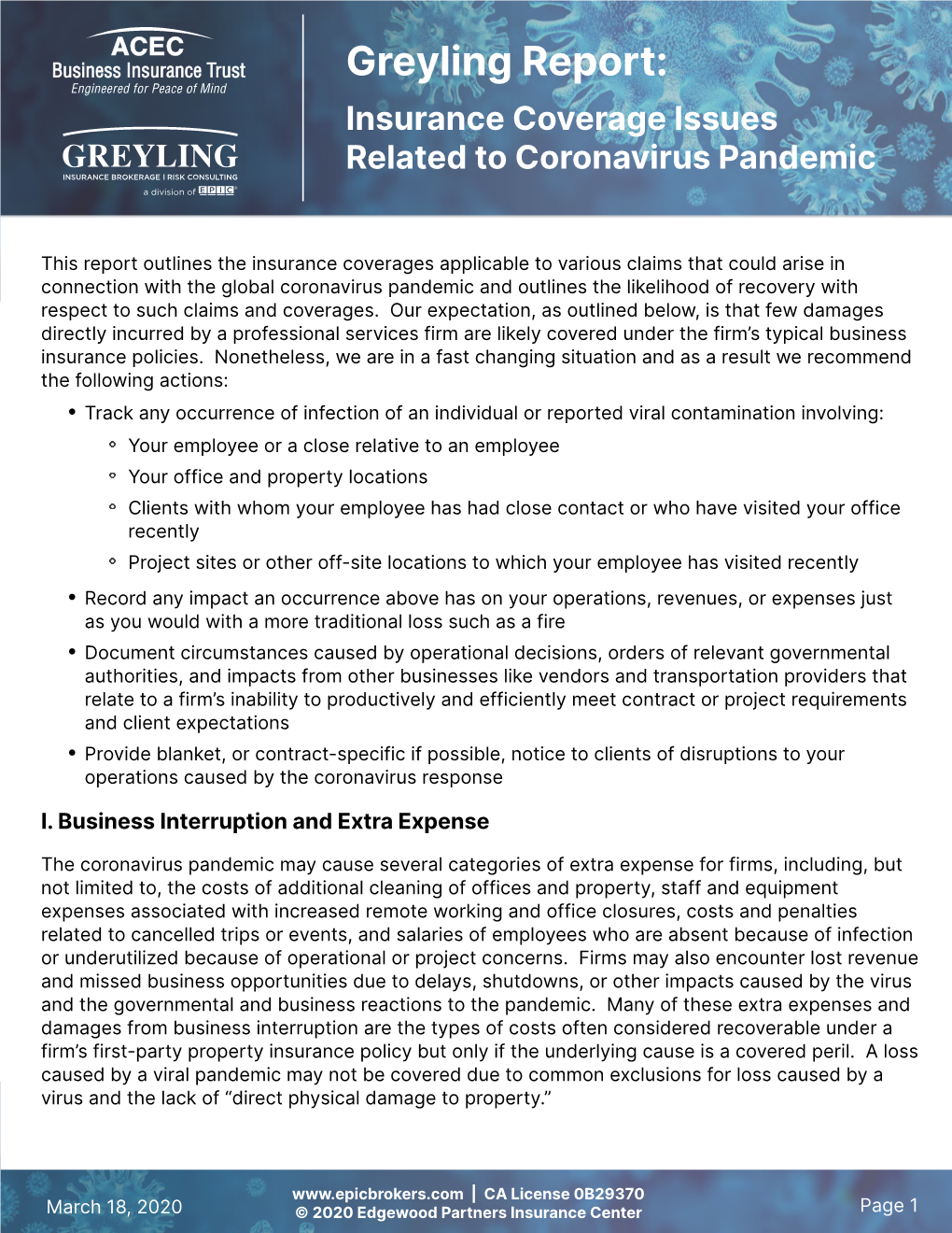 Greyling Report on Insurance Coverage Issues Related to the Coronavirus Pandemic