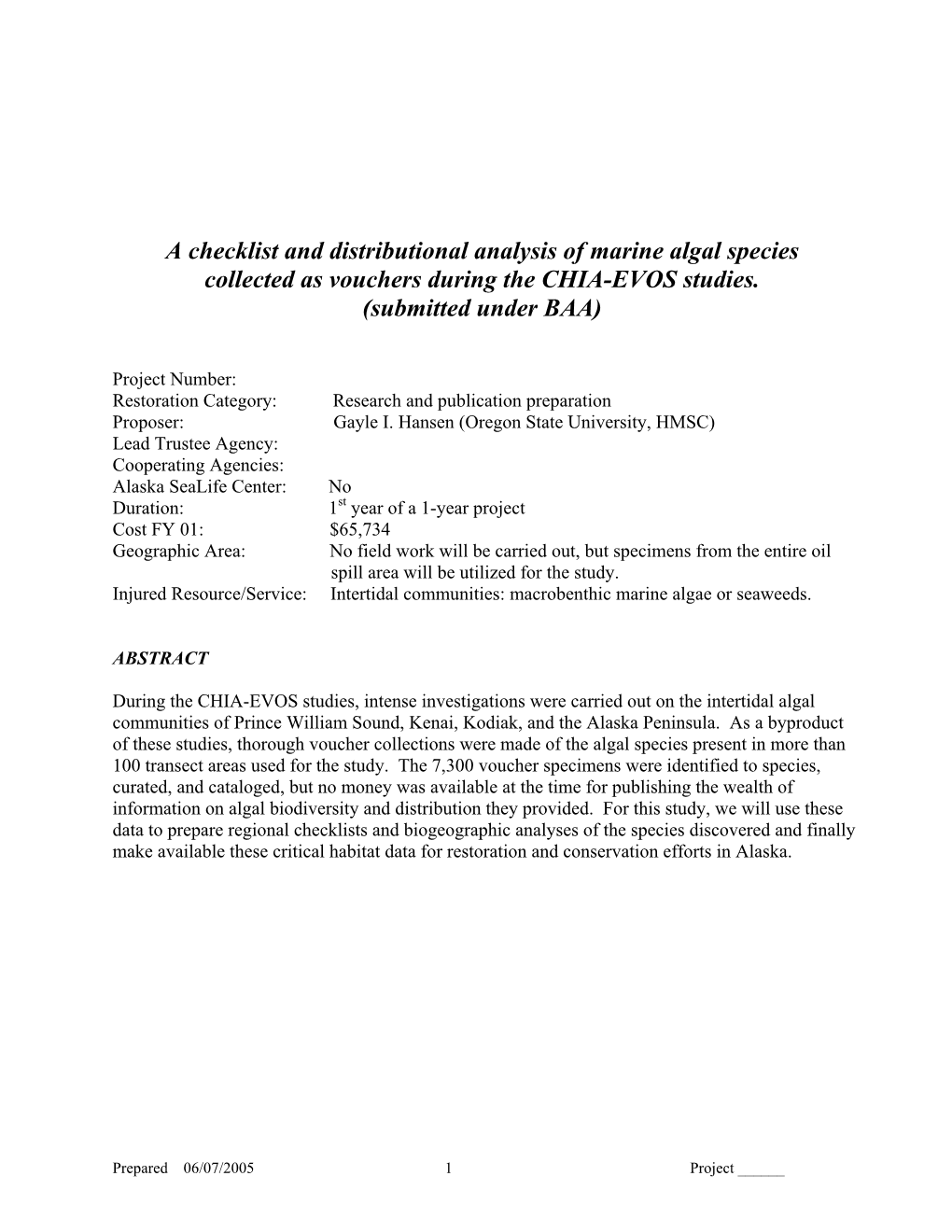 A Checklist and Distributional Analysis of Marine Algal Species Collected As Vouchers During the CHIA-EVOS Studies