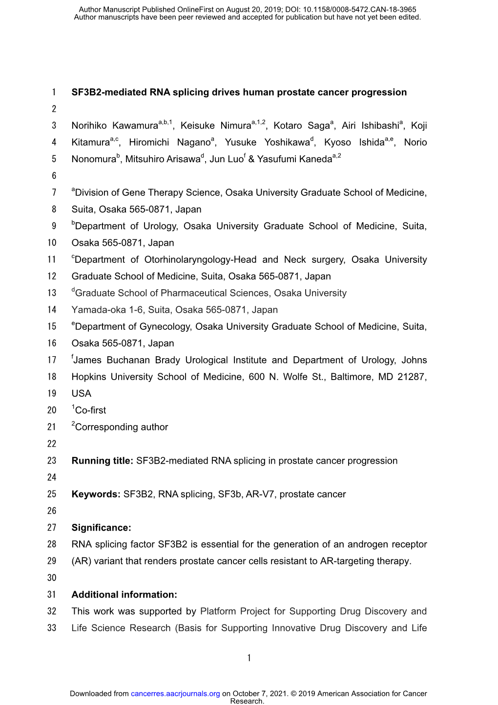 SF3B2-Mediated RNA Splicing Drives Human Prostate