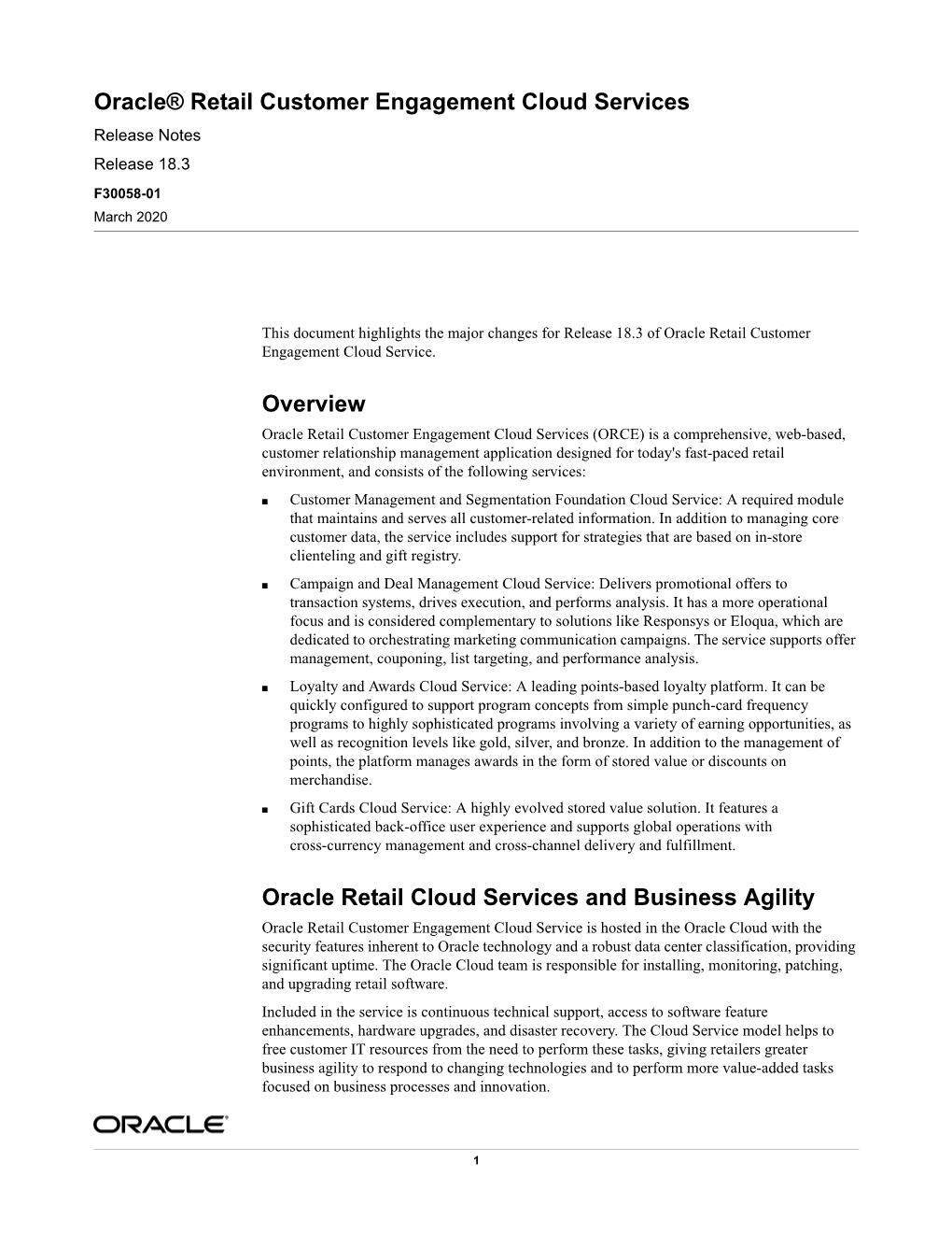 Oracle® Retail Customer Engagement Cloud Services Release Notes Release 18.3