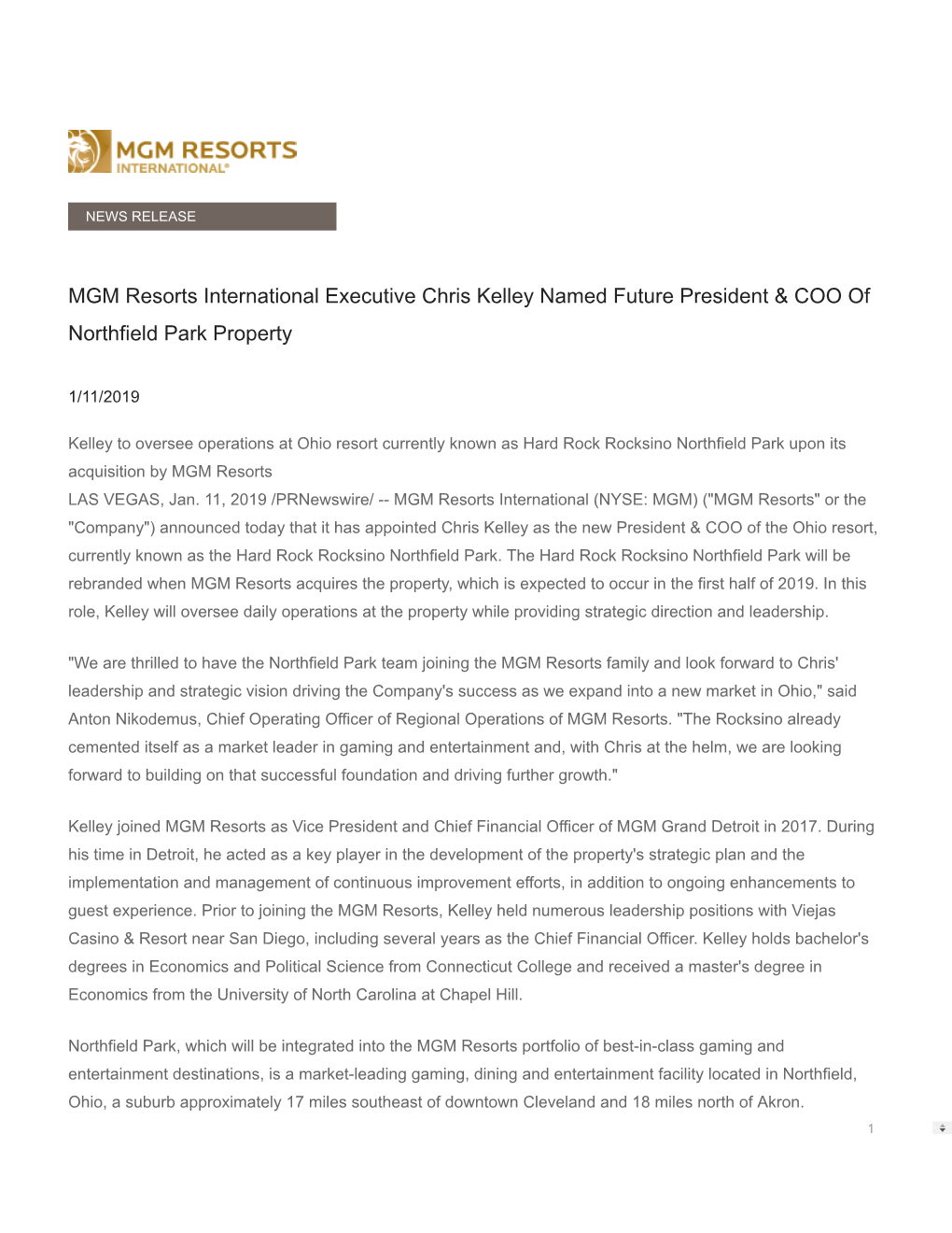 MGM Resorts International Executive Chris Kelley Named Future President & COO of Northfield Park Property