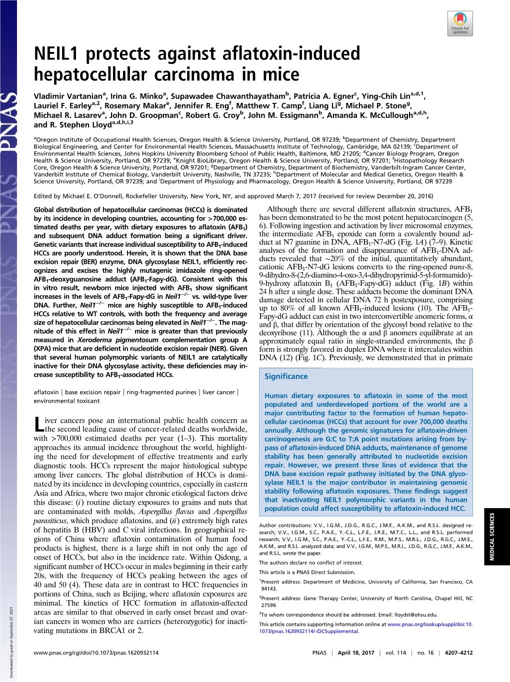 NEIL1 Protects Against Aflatoxin-Induced Hepatocellular Carcinoma in Mice