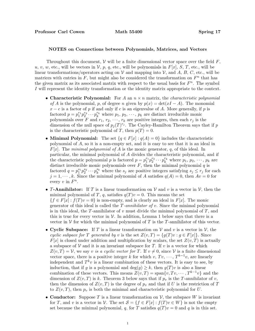 Professor Carl Cowen Math 55400 Spring 17 NOTES on Connections