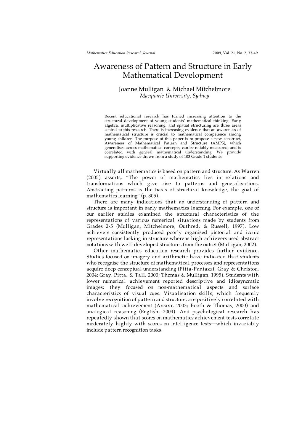 Awareness of Pattern and Structure in Early Mathematical Development