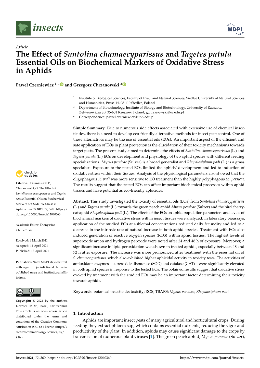 The Effect of Santolina Chamaecyparissus and Tagetes Patula Essential Oils on Biochemical Markers of Oxidative Stress in Aphids