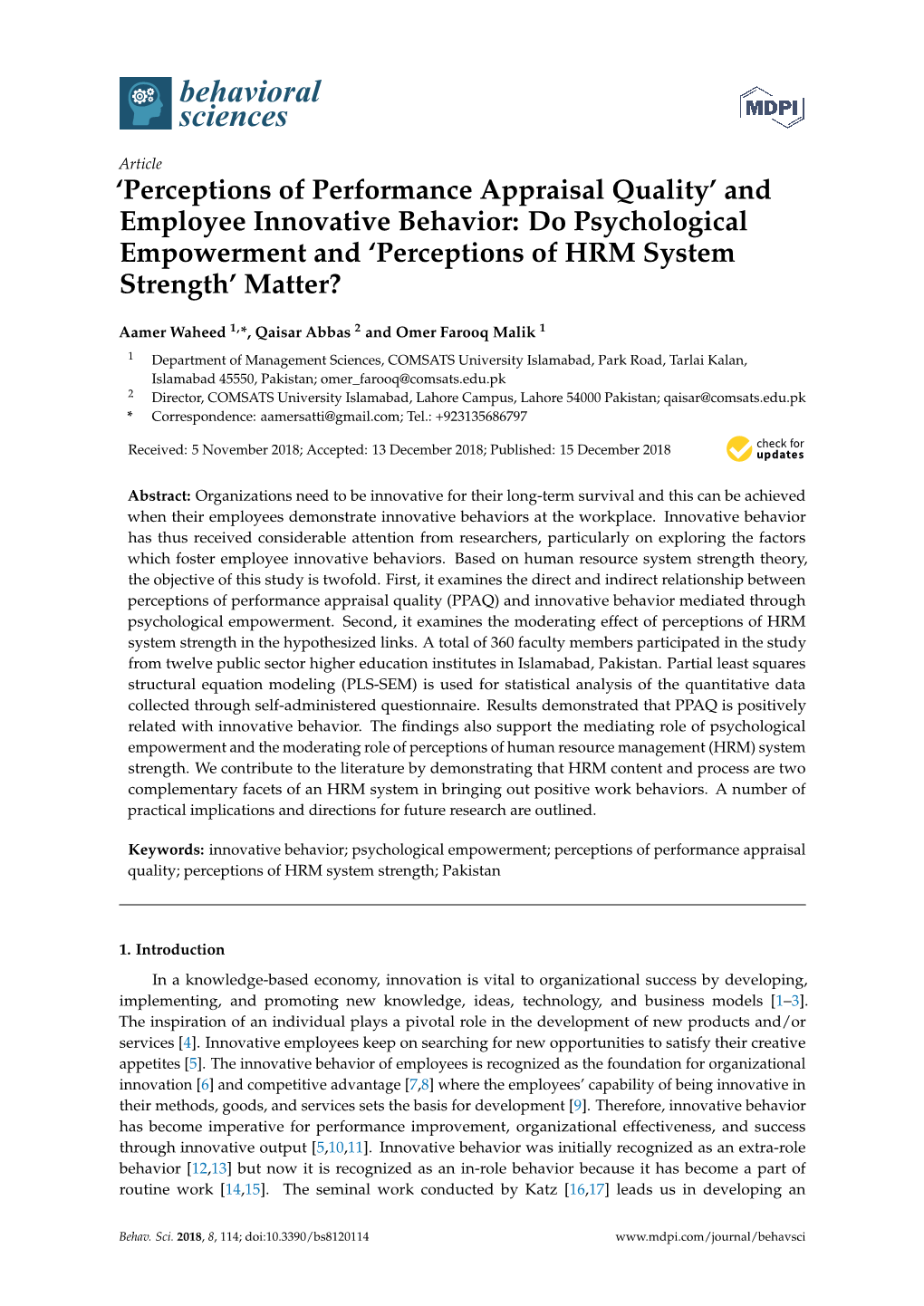 Perceptions of Performance Appraisal Quality’ and Employee Innovative Behavior: Do Psychological Empowerment and ‘Perceptions of HRM System Strength’ Matter?