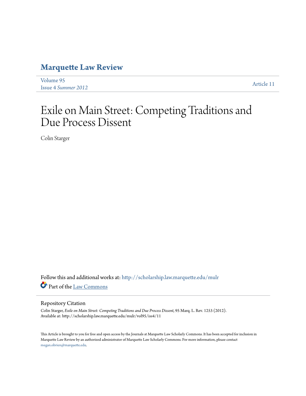 Exile on Main Street: Competing Traditions and Due Process Dissent Colin Starger