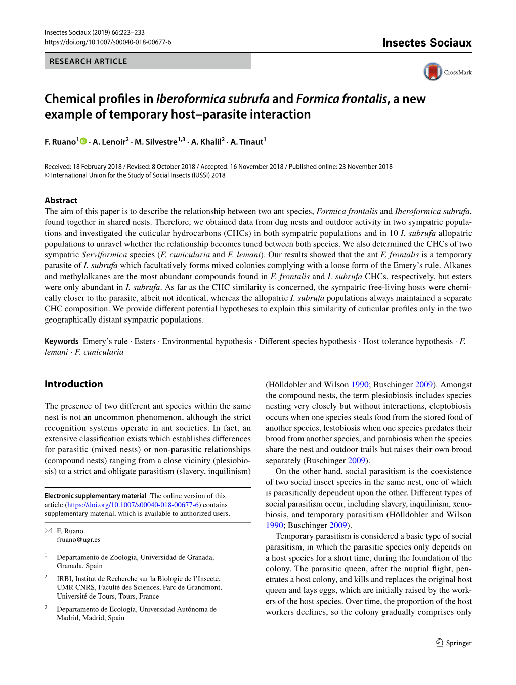 Chemical Profiles in Iberoformica Subrufa and Formica Frontalis, a New Example of Temporary Host–Parasite Interaction