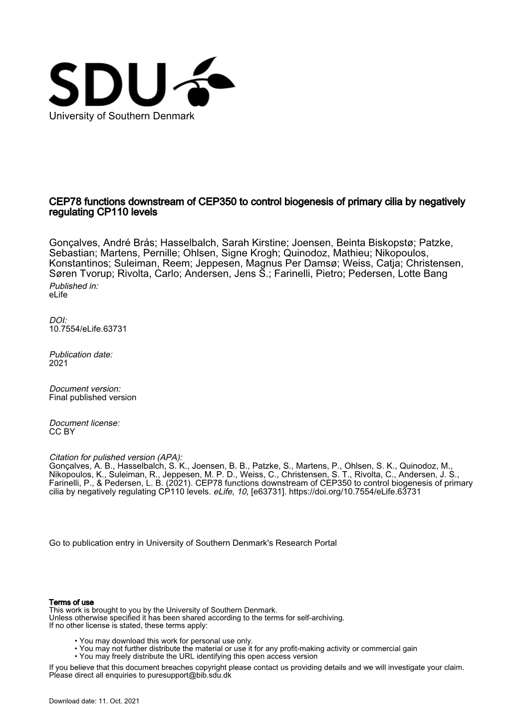 University of Southern Denmark CEP78 Functions Downstream Of