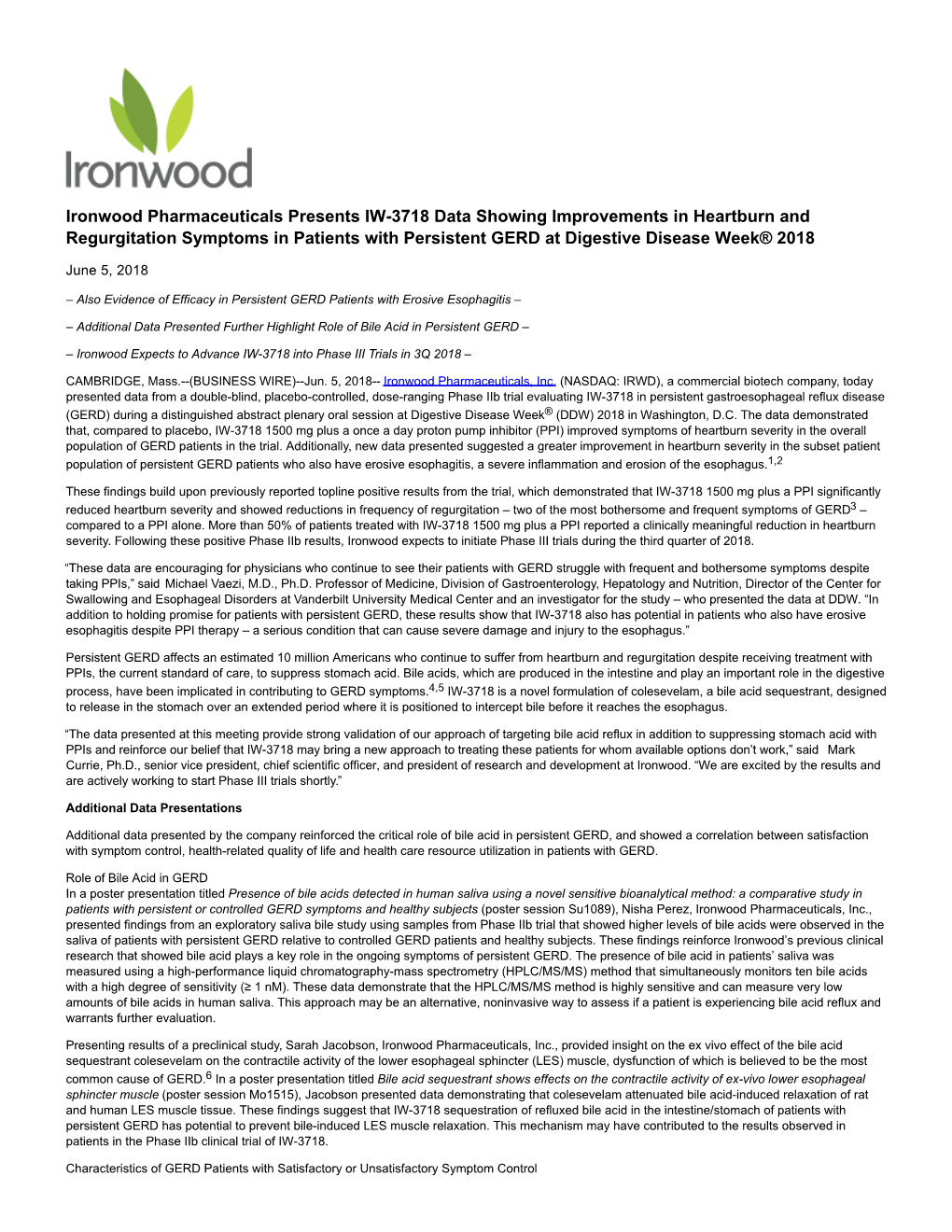 Ironwood Pharmaceuticals Presents IW-3718 Data Showing