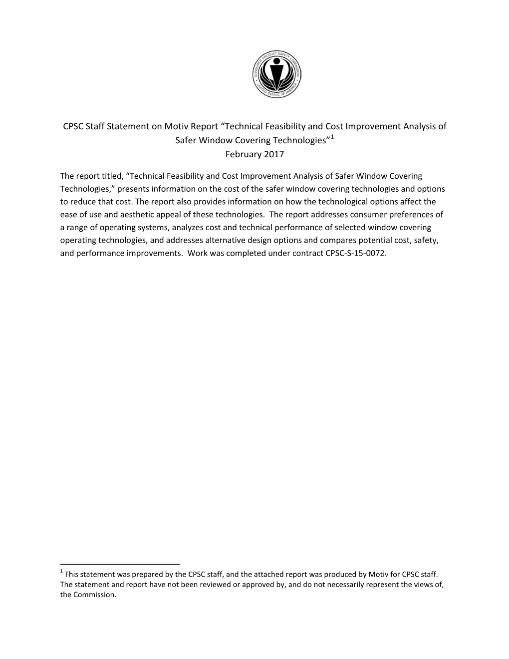 Technical Feasibility and Cost Improvement Analysis of Safer Window Covering Technologies”1 February 2017