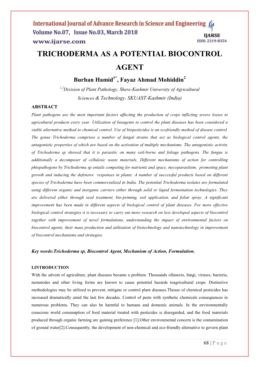 Trichoderma As a Potential Biocontrol Agent