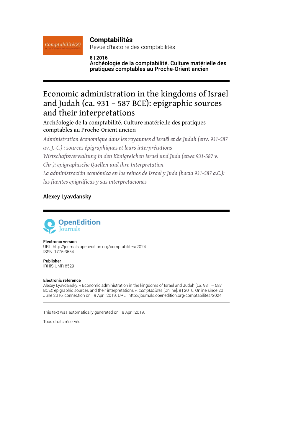 Comptabilités, 8 | 2016 Economic Administration in the Kingdoms of Israel and Judah (Ca