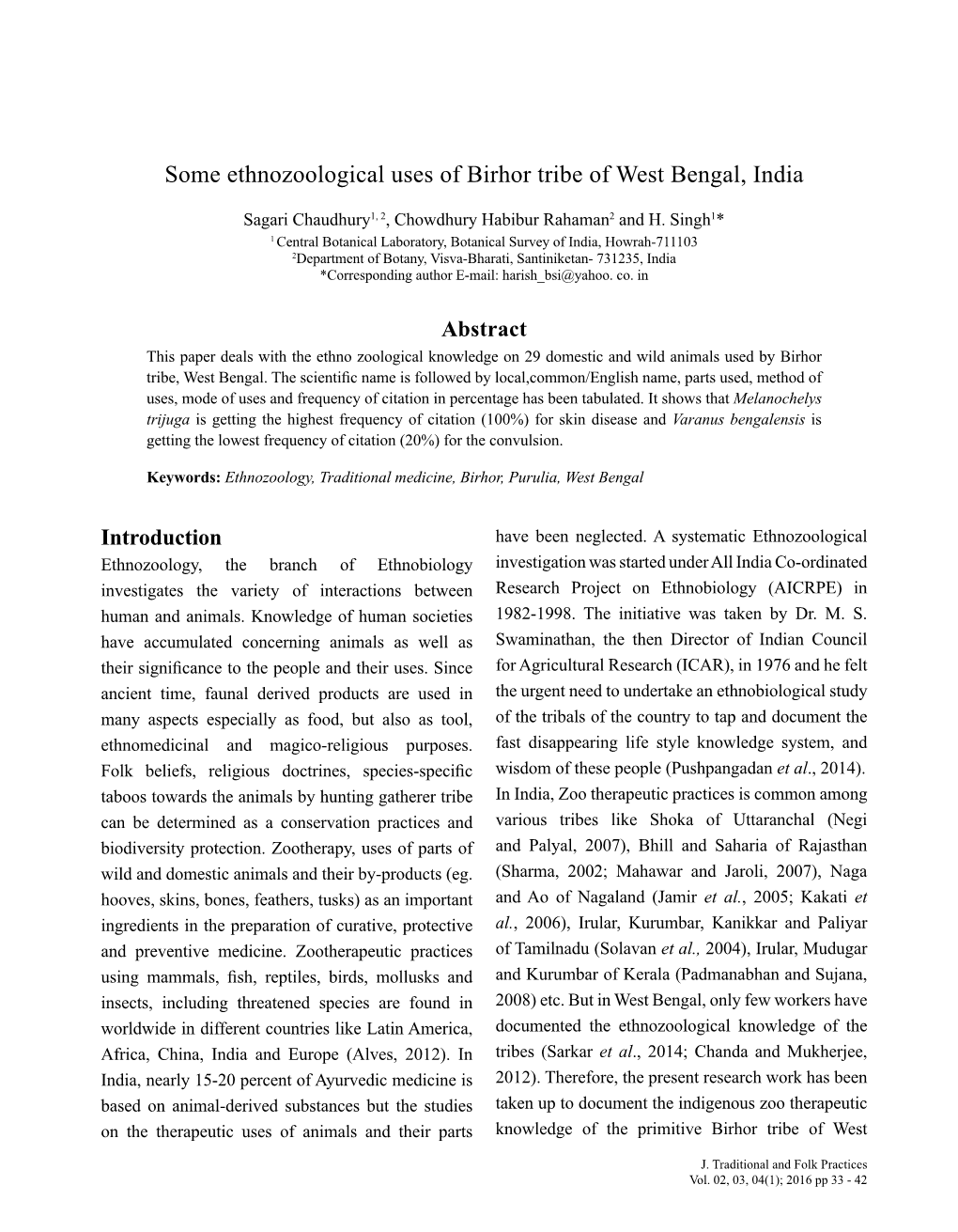 Some Ethnozoological Uses of Birhor Tribe of West Bengal, India