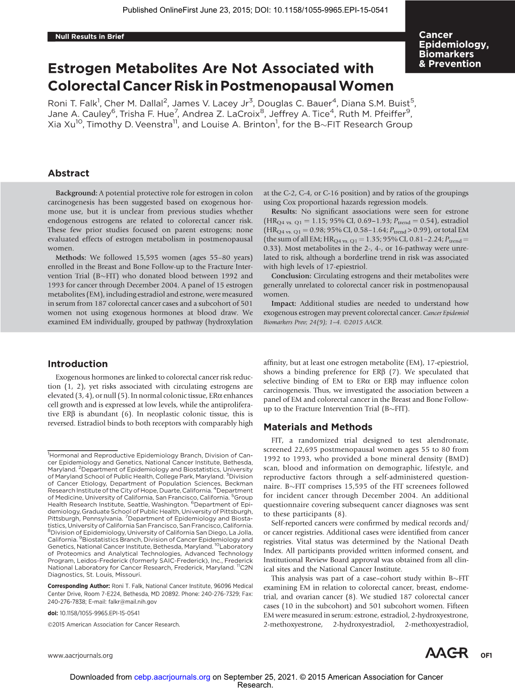 Estrogen Metabolites Are Not Associated with Colorectal Cancer Risk in Postmenopausal Women