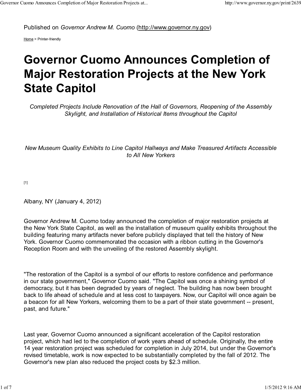 Governor Cuomo Announces Completion of Major Restoration Projects at the New York State Capitol