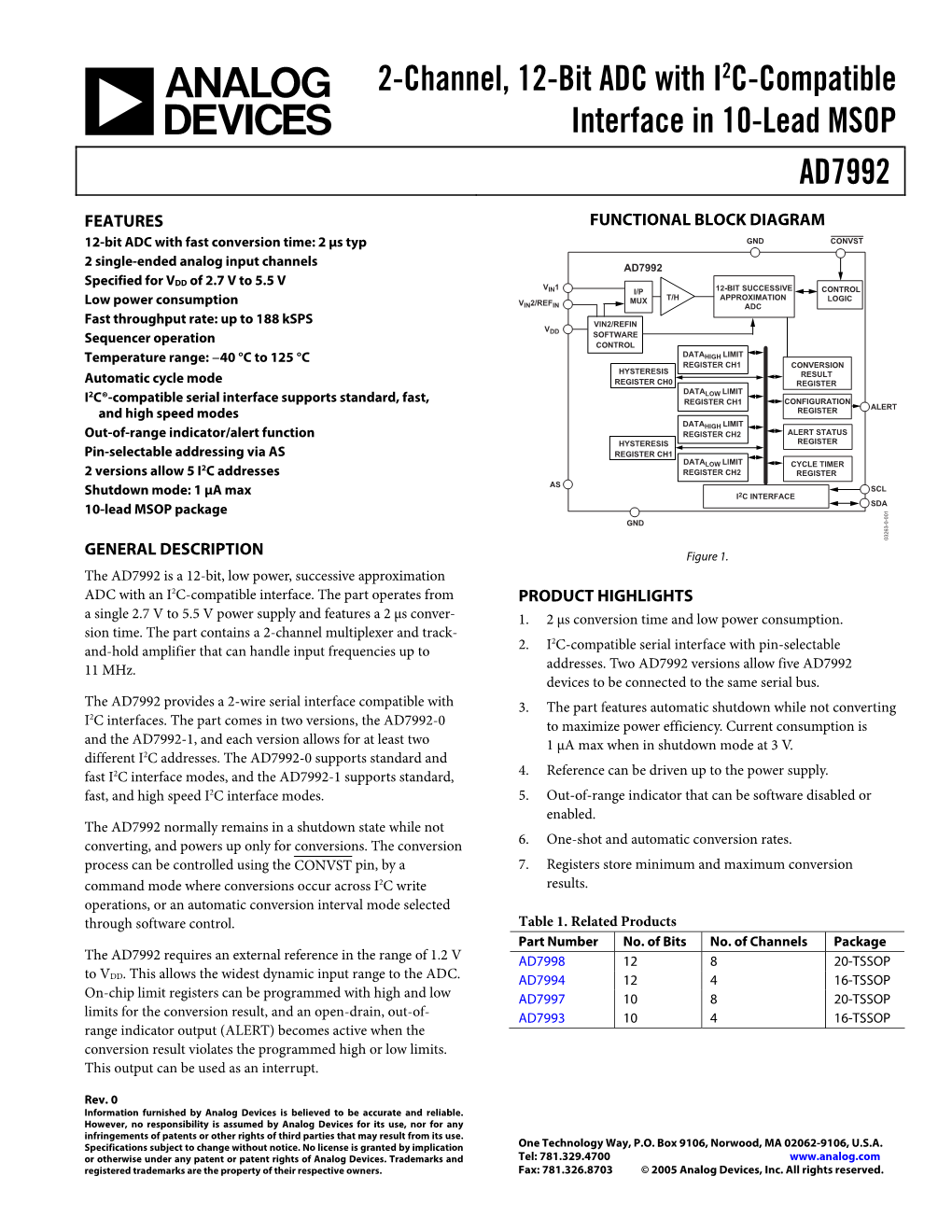 AD7992 2-Channel, 12-Bit ADC with I2C-Compatible Interface in 10