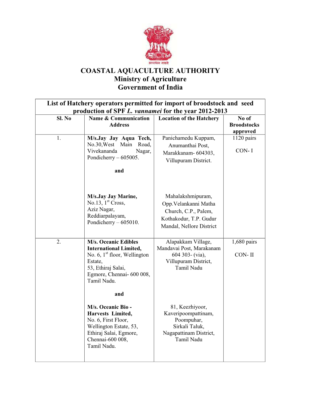 COASTAL AQUACULTURE AUTHORITY Ministry of Agriculture Government of India