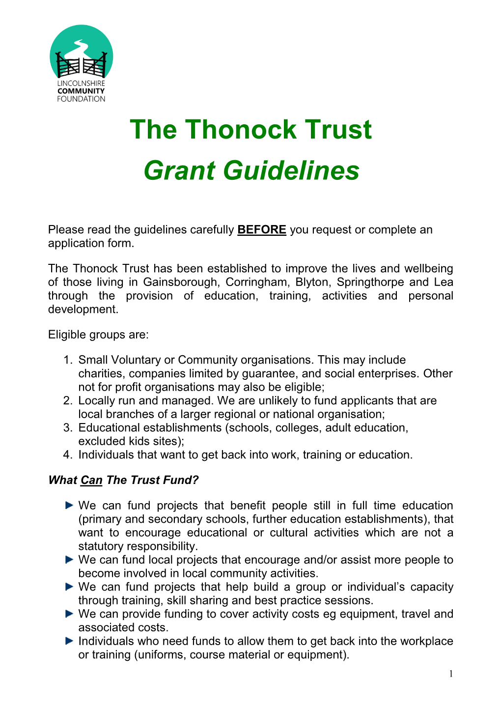 The Thonock Trust Grant Guidelines