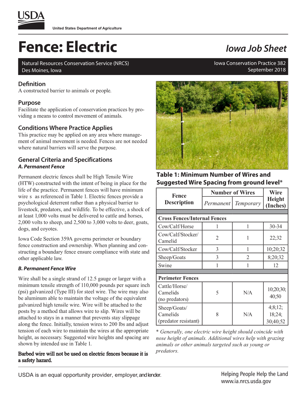 Fence: Electric Iowa Job Sheet Natural Resources Conservation Service (NRCS) Iowa Conservation Practice 382 Des Moines, Iowa September 2018